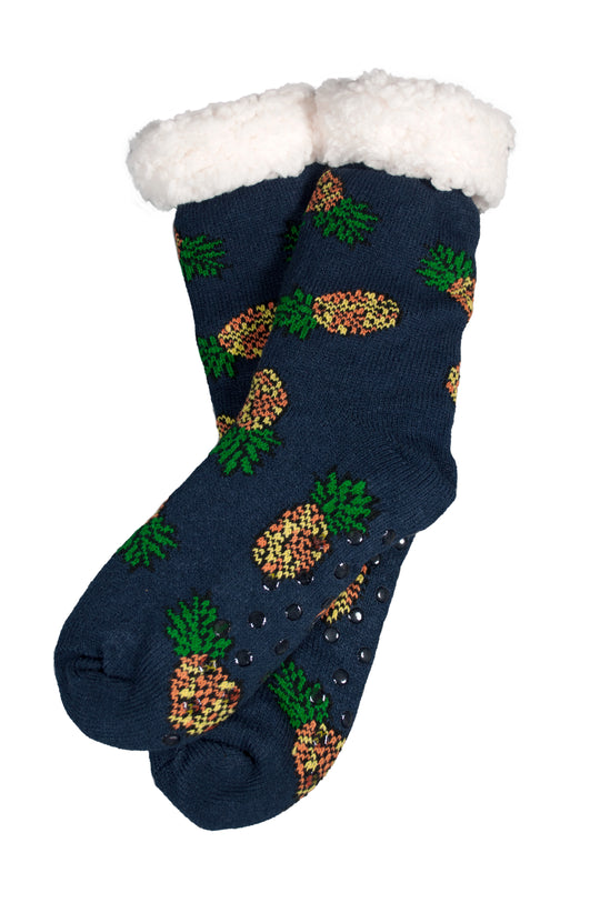 Hüttensocken Kuschelsocken Wollsocken Ananas Navy